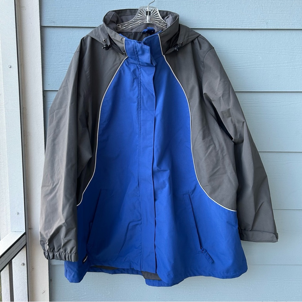 Lands' End Men’s Blue and Grey Rain Jacket with Packable Hood